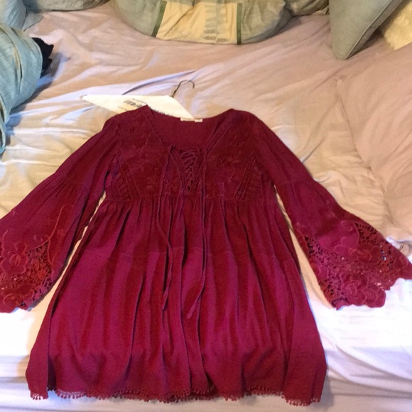 Dark Red Long Sleeve Shirt Dress. - Picture 3 of 3